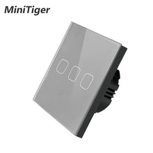 Load image into Gallery viewer, Minitiger Luxury Wall Touch Sensor Switch EU/UK Standard Light Gray Crystal Glass Touch Switch Power 1/2/3 Gang 1 Way AC 220
